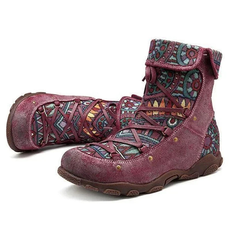 Bottines Femme Lacées Motif Bout Rond Semelle Crantée