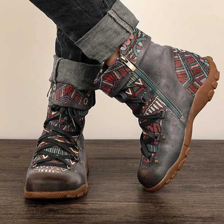 Bottines Femme Lacées Motif Bout Rond Semelle Crantée