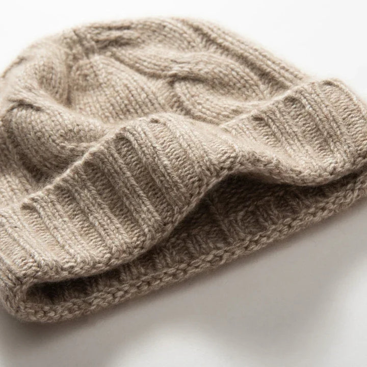 Bonnet Femme Cachemire Maille Torsadée Revers Côtelé
