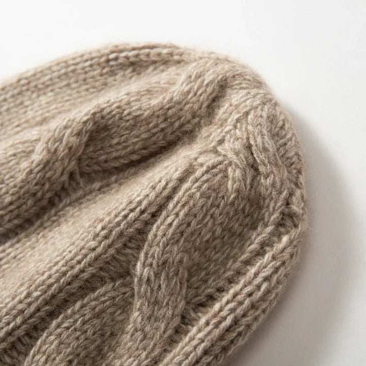 Bonnet Femme Cachemire Maille Torsadée Revers Côtelé