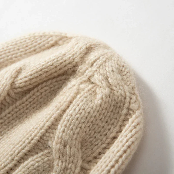 Bonnet Femme Cachemire Maille Torsadée Revers Côtelé