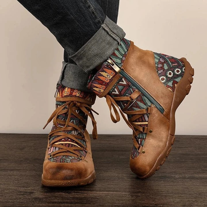 Bottines Femme Lacées Motif Bout Rond Semelle Crantée