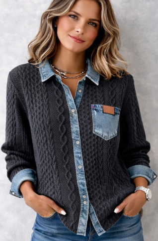 Chemise Femme en Maille avec Détails Denim