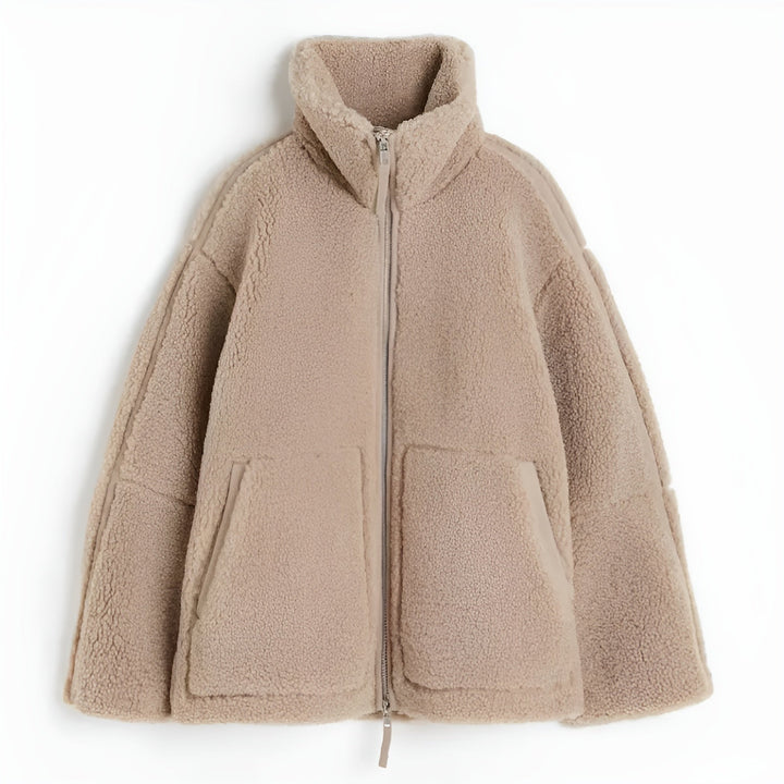 Manteau Teddy Femme Zippé Col Montant Poches Plaquées