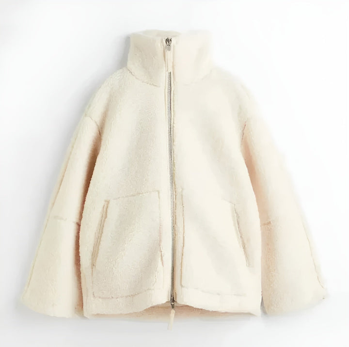 Manteau Teddy Femme Zippé Col Montant Poches Plaquées