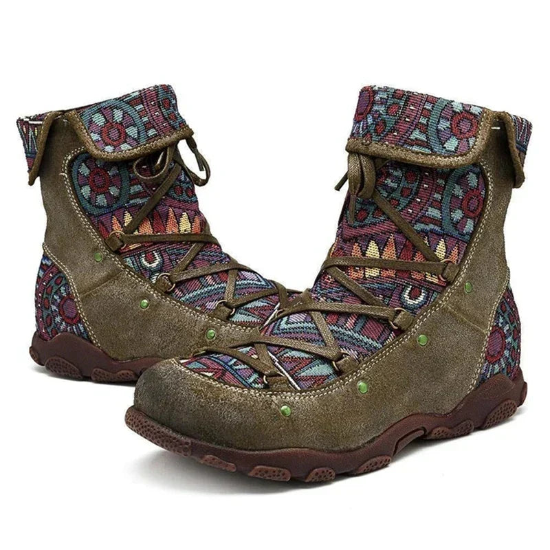 Bottines Femme Lacées Motif Bout Rond Semelle Crantée