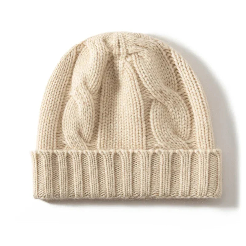 Bonnet Femme Cachemire Maille Torsadée Revers Côtelé
