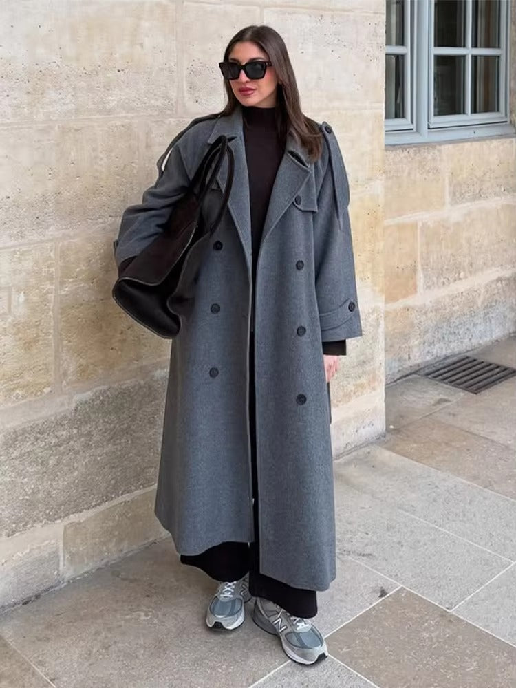 Manteau Long Femme Ceinturé Col Revers Manches Longues