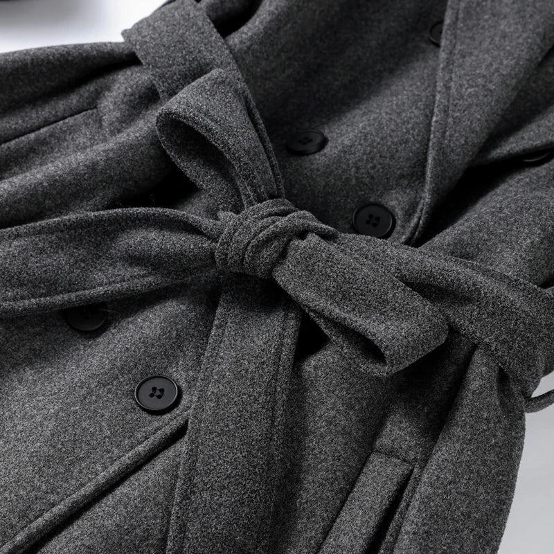 Manteau Long Femme Ceinturé Col Revers Manches Longues