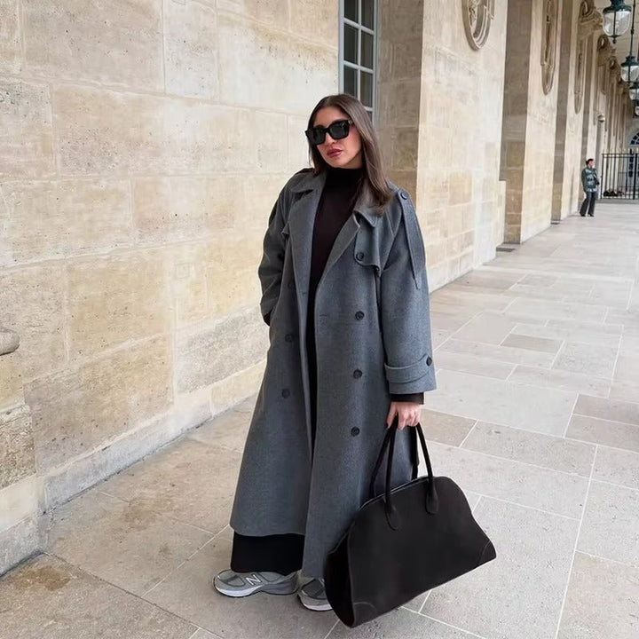 Manteau Long Femme Ceinturé Col Revers Manches Longues