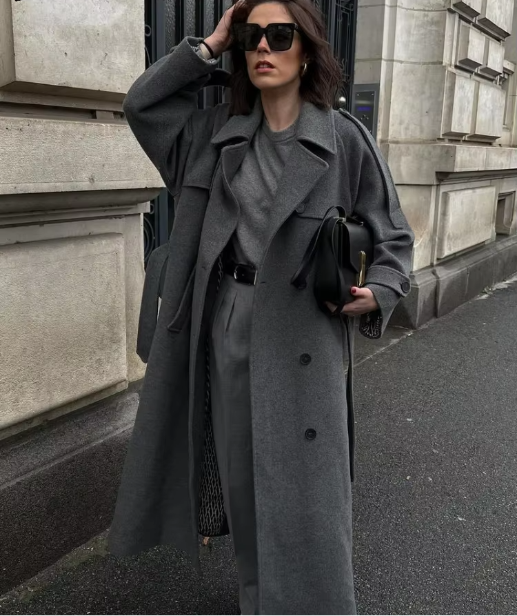 Manteau Long Femme Ceinturé Col Revers Manches Longues