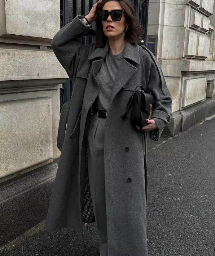 Manteau Long Femme Ceinturé Col Revers Manches Longues