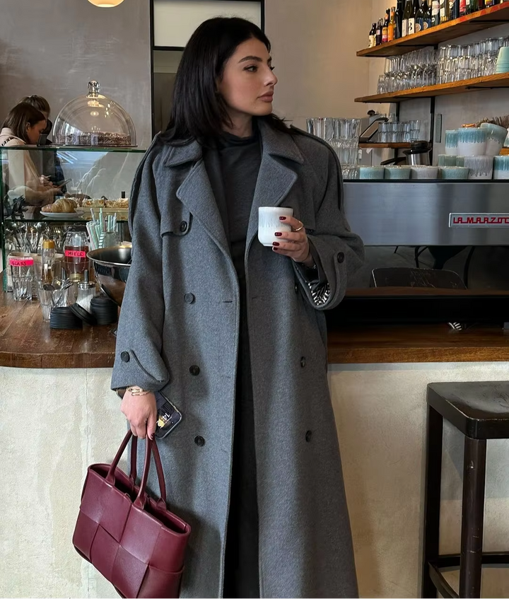 Manteau Long Femme Ceinturé Col Revers Manches Longues