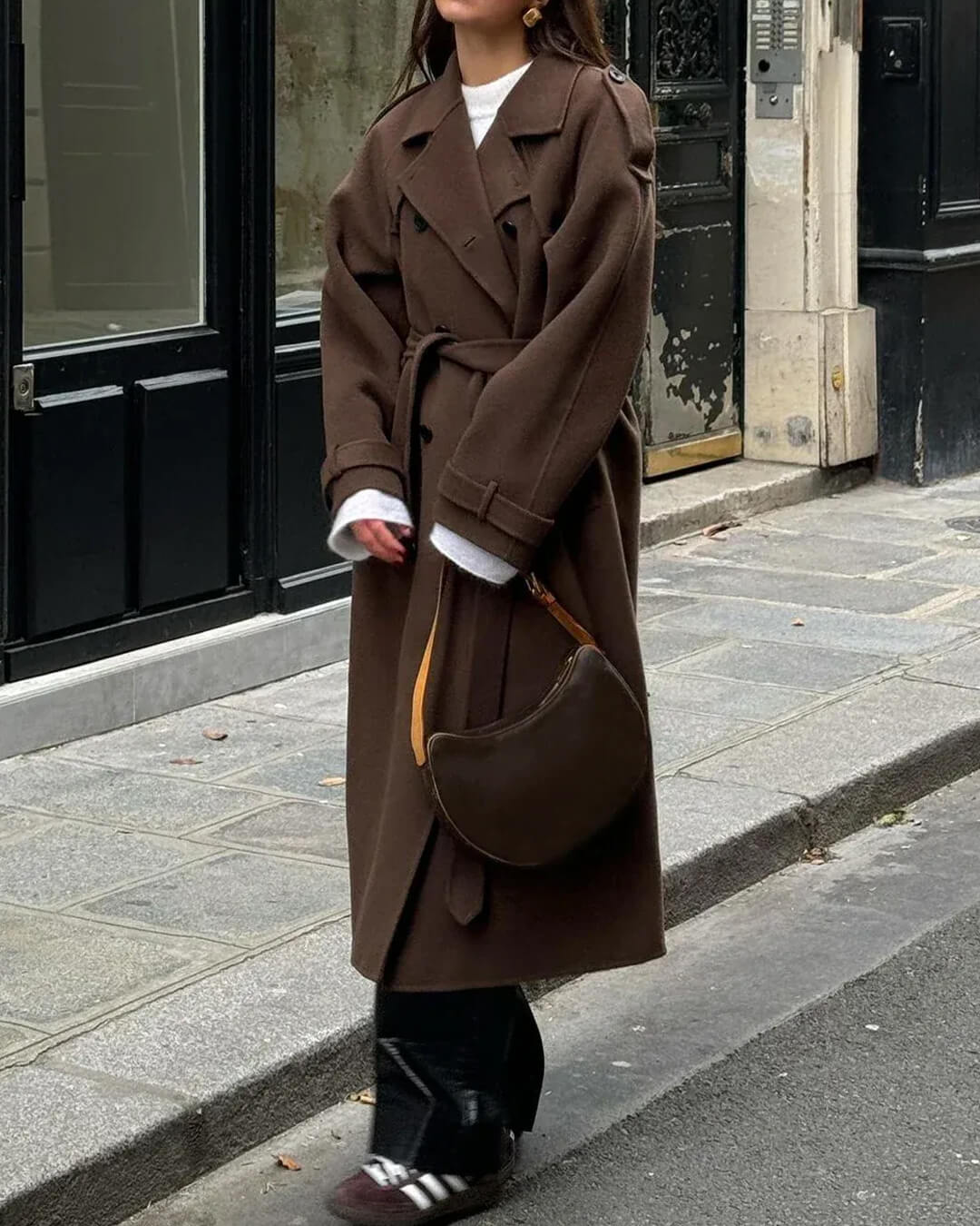 Manteau Long Femme Ceinturé Col Revers Manches Longues