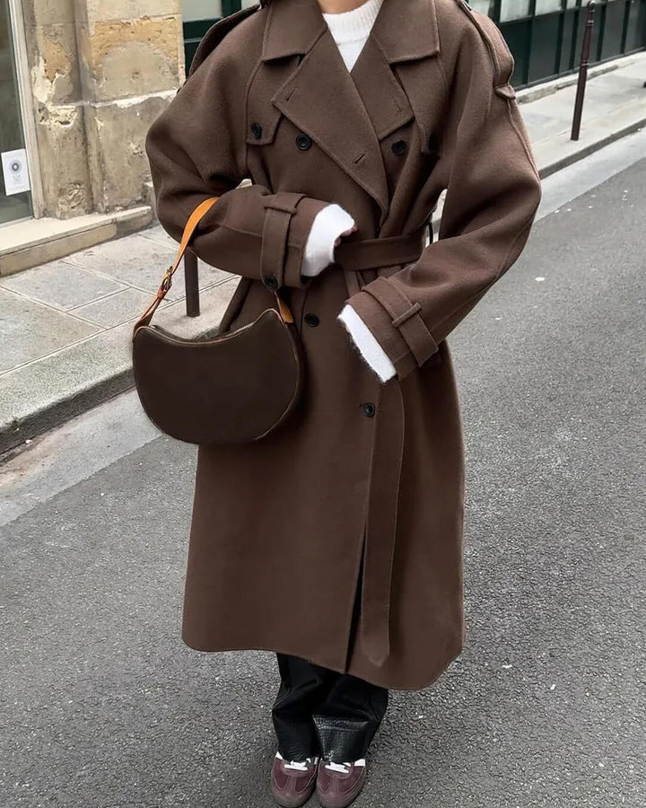 Manteau Long Femme Ceinturé Col Revers Manches Longues