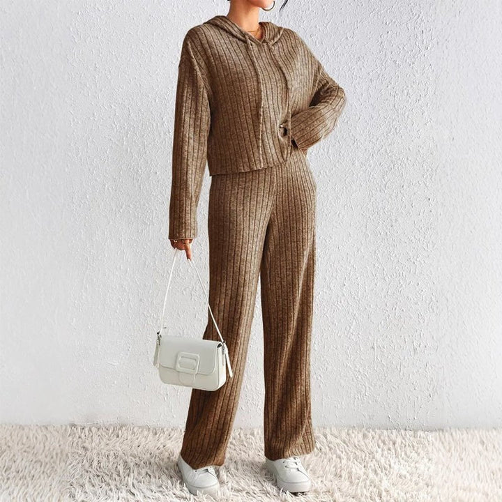 Ensemble Maille Côtelée Cardigan à Capuche et Pantalon Large pour Femme