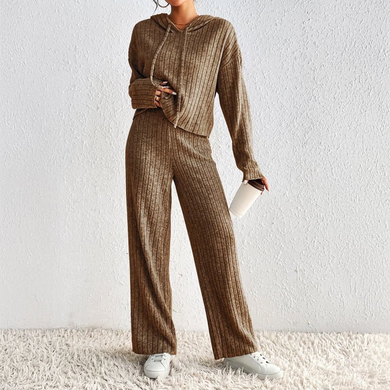 Ensemble Maille Côtelée Cardigan à Capuche et Pantalon Large pour Femme