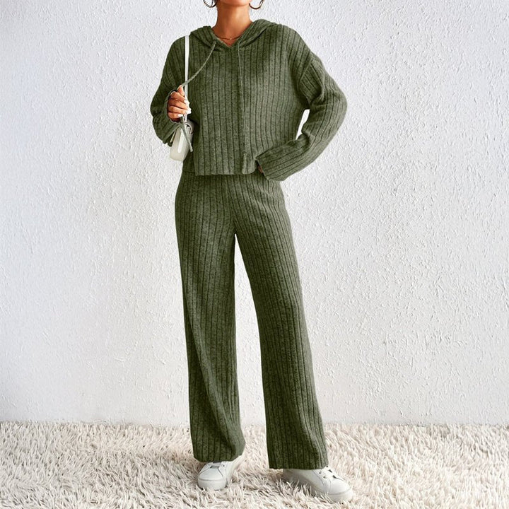 Ensemble Maille Côtelée Cardigan à Capuche et Pantalon Large pour Femme