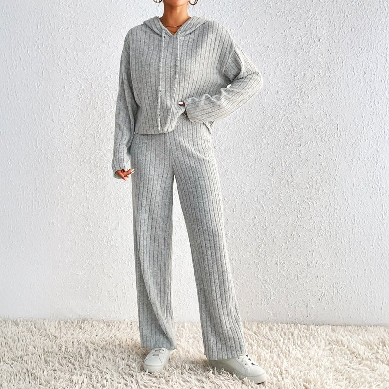 Ensemble Maille Côtelée Cardigan à Capuche et Pantalon Large pour Femme