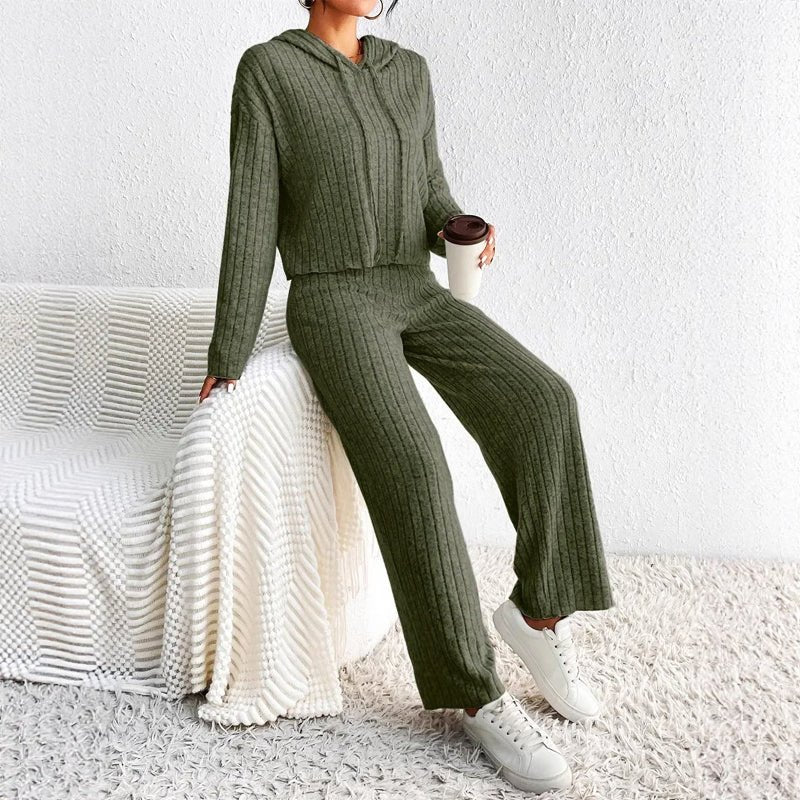 Ensemble Maille Côtelée Cardigan à Capuche et Pantalon Large pour Femme