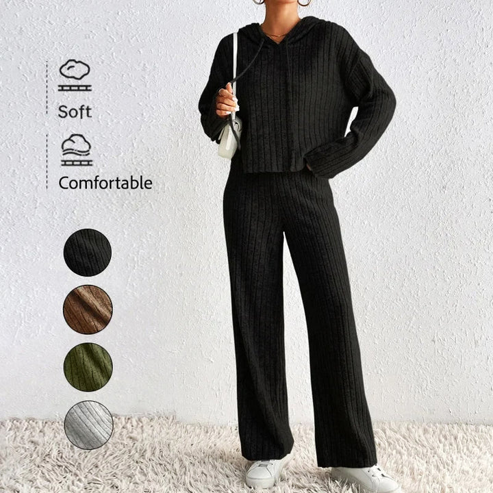 Ensemble Maille Côtelée Cardigan à Capuche et Pantalon Large pour Femme