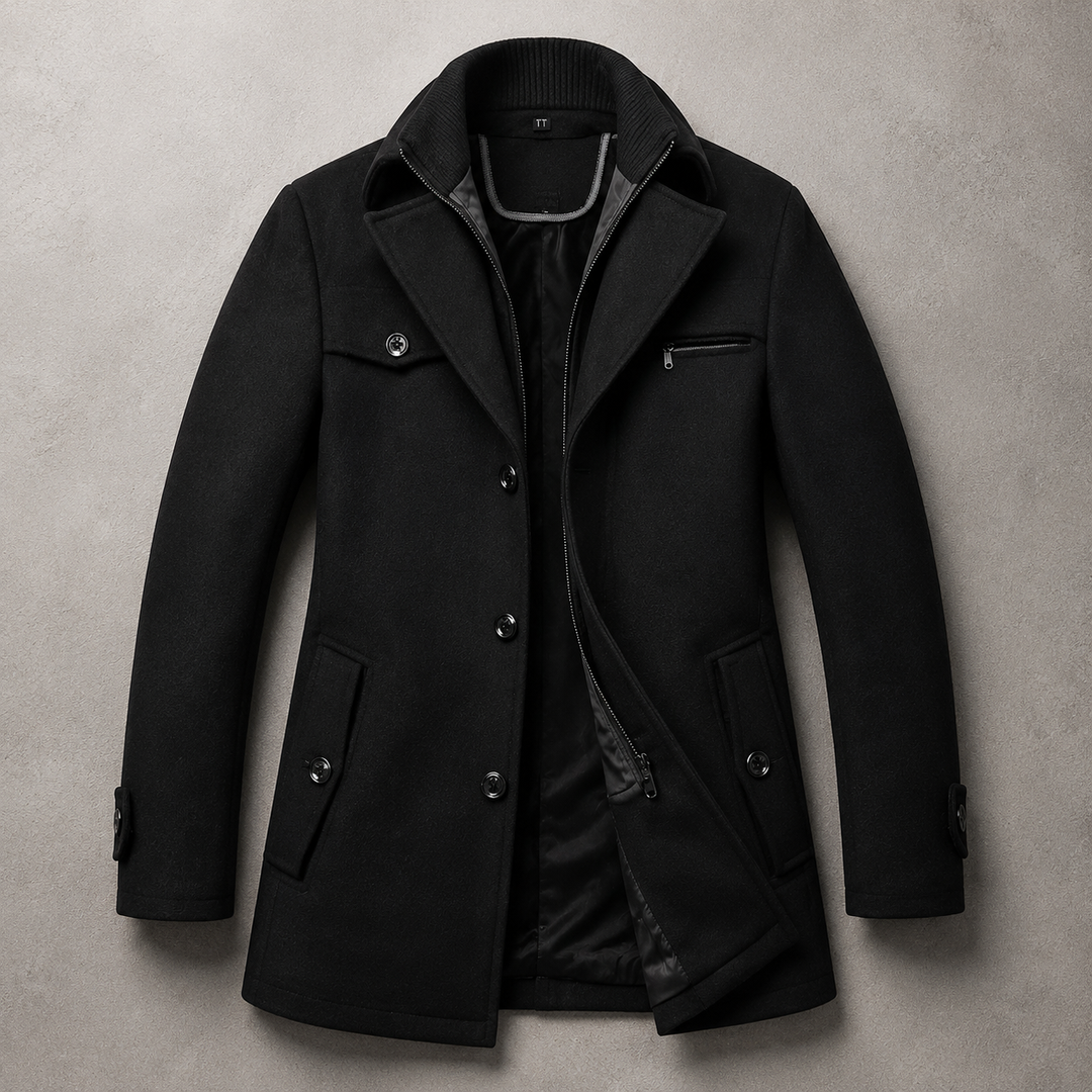 Manteau Homme Mi Long Mélange De Laine Double Col Boutonné Poches Zippées