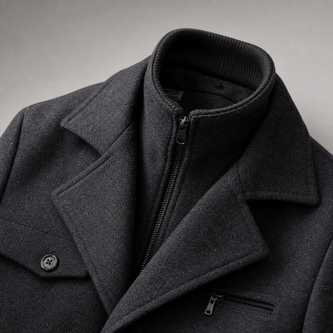 Manteau Homme Mi Long Mélange De Laine Double Col Boutonné Poches Zippées