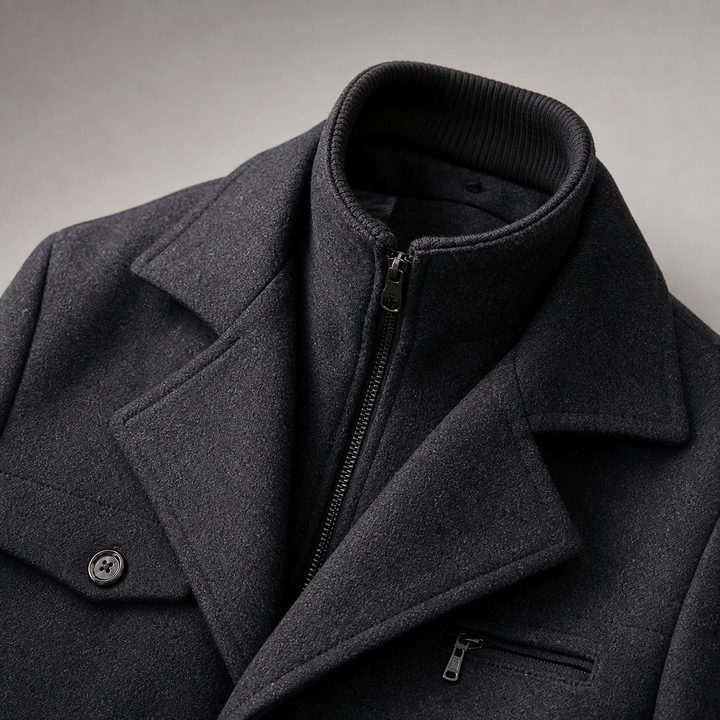 Manteau Homme Mi Long Mélange De Laine Double Col Boutonné Poches Zippées