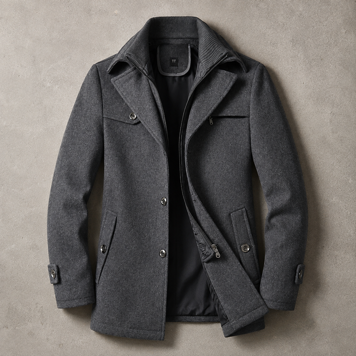 Manteau Homme Mi Long Mélange De Laine Double Col Boutonné Poches Zippées