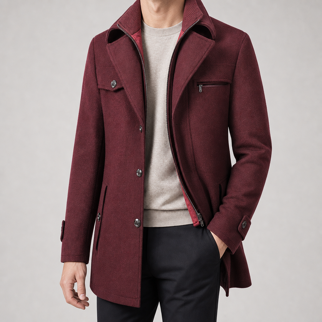 Manteau Homme Mi Long Mélange De Laine Double Col Boutonné Poches Zippées