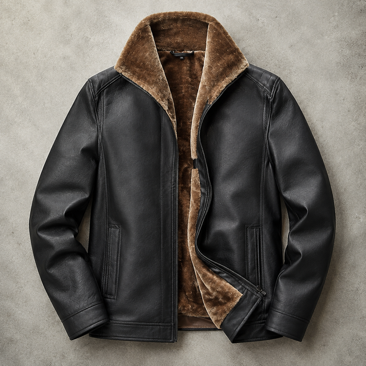 Blouson Homme En Simili Cuir Doublure Fausse Fourrure Col Montant