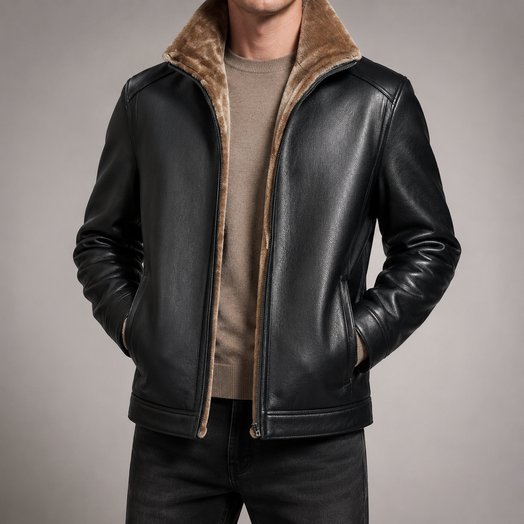 Blouson Homme En Simili Cuir Doublure Fausse Fourrure Col Montant