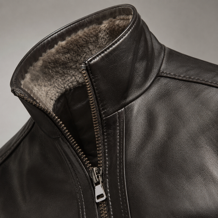 Blouson Homme En Simili Cuir Doublure Fausse Fourrure Col Montant