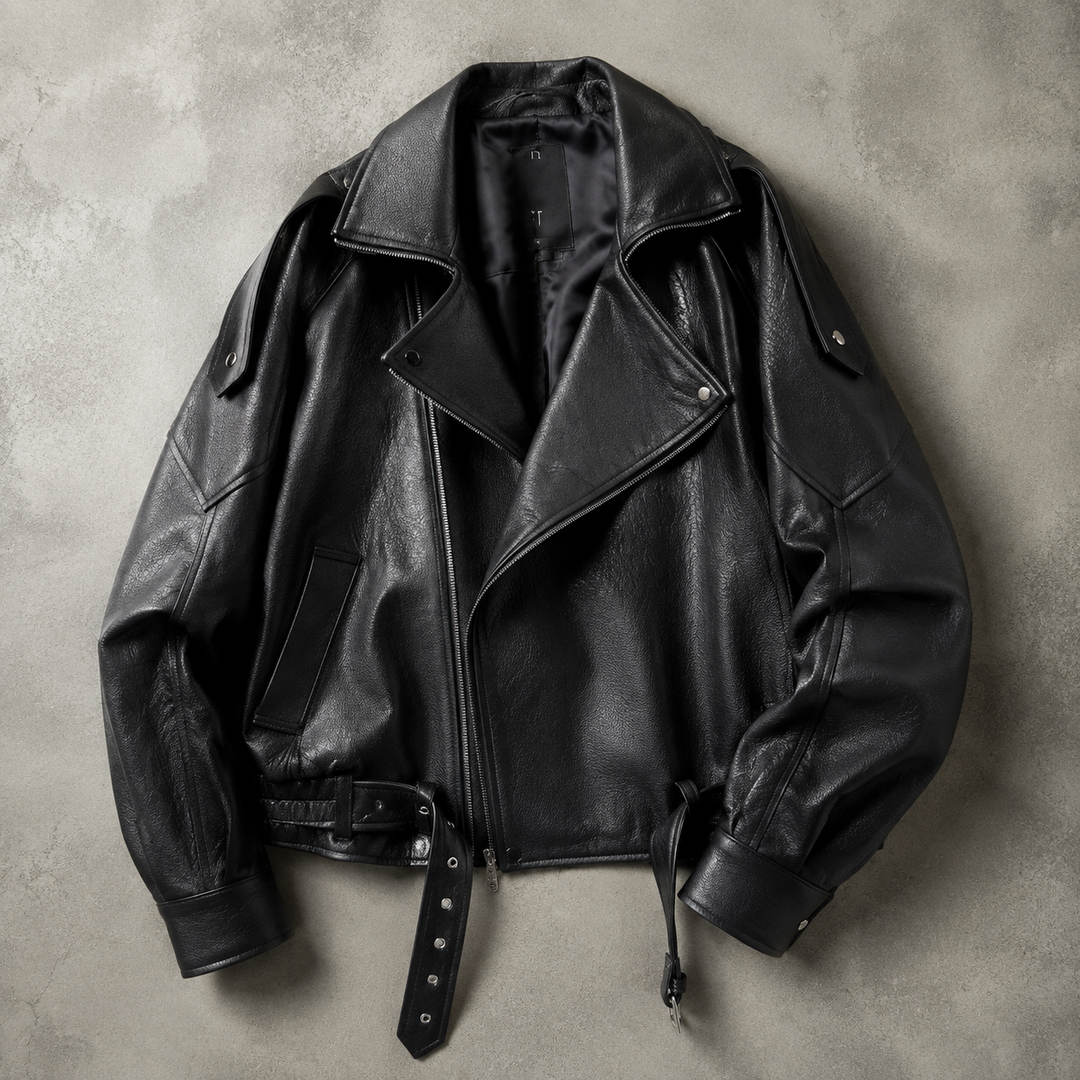 Blouson Biker Homme Oversize En Simili Cuir Ceinturé Et Col Motard
