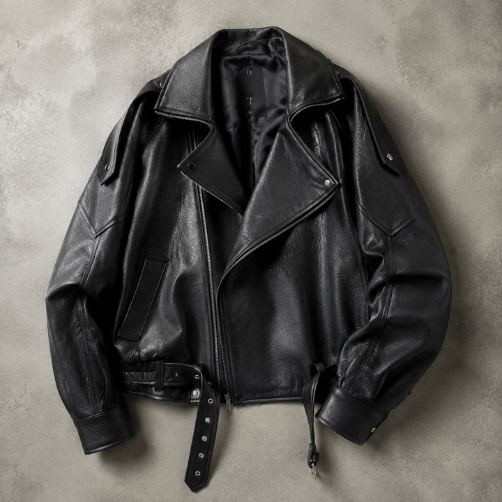 Blouson Biker Homme Oversize En Simili Cuir Ceinturé Et Col Motard