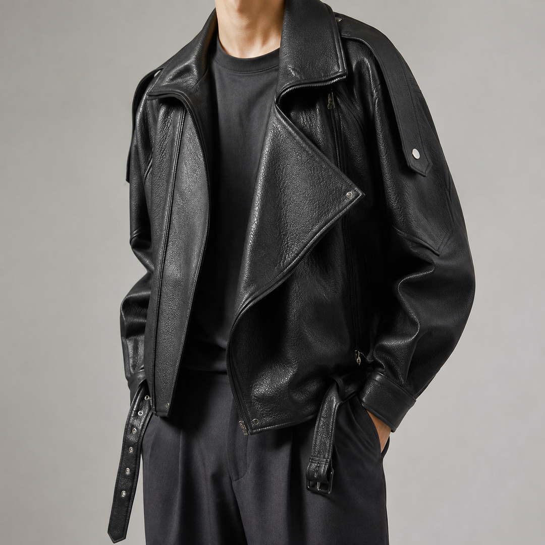 Blouson Biker Homme Oversize En Simili Cuir Ceinturé Et Col Motard