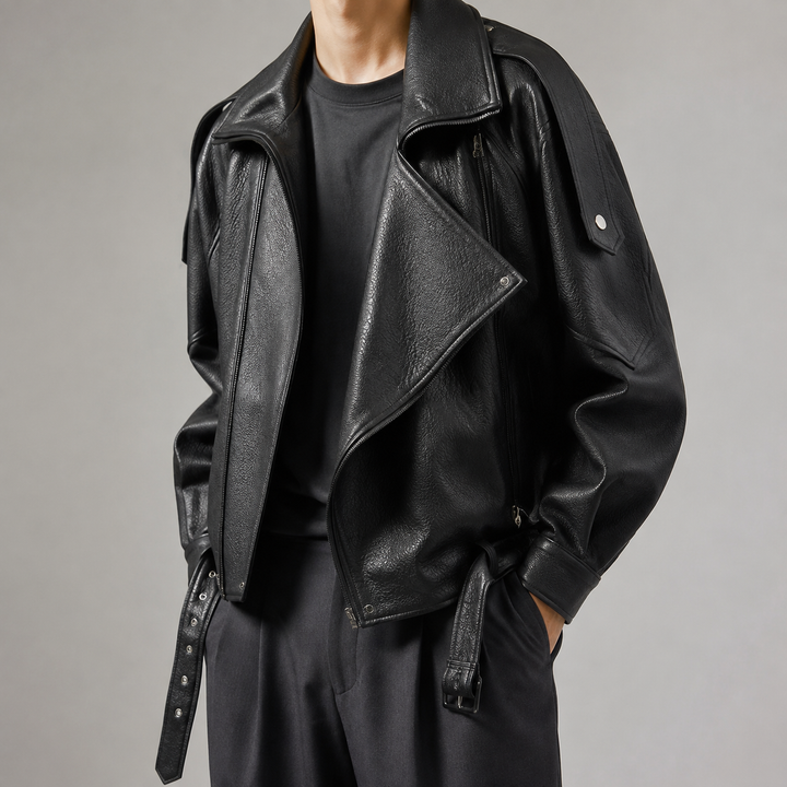Blouson Biker Homme Oversize En Simili Cuir Ceinturé Et Col Motard