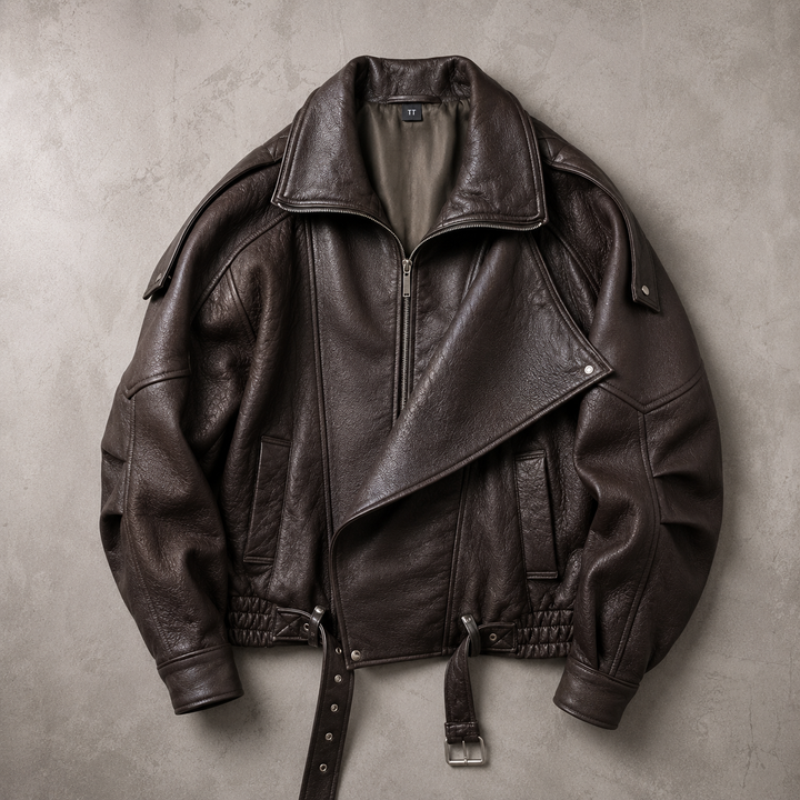Blouson Biker Homme Oversize En Simili Cuir Ceinturé Et Col Motard
