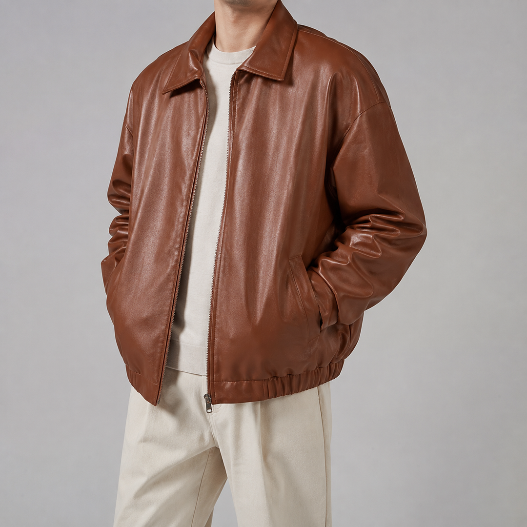 Blouson Homme Décontracté En Simili Cuir Col Rabattu Et Poches Latérales