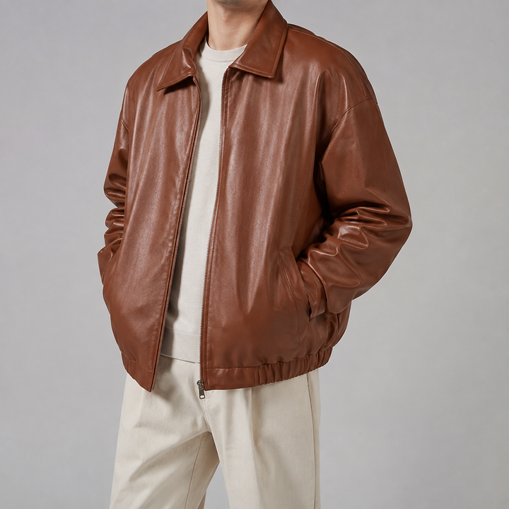 Blouson Homme Décontracté En Simili Cuir Col Rabattu Et Poches Latérales