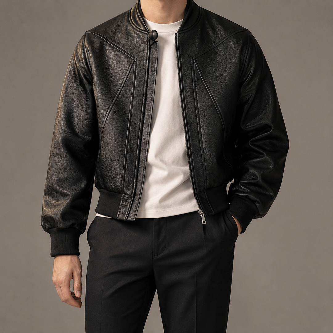 Blouson Bomber Homme Coupe Courte En Simili Cuir Col Ras Du Cou