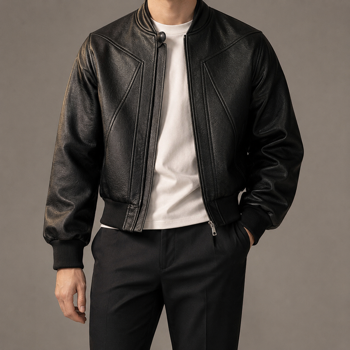 Blouson Bomber Homme Coupe Courte En Simili Cuir Col Ras Du Cou