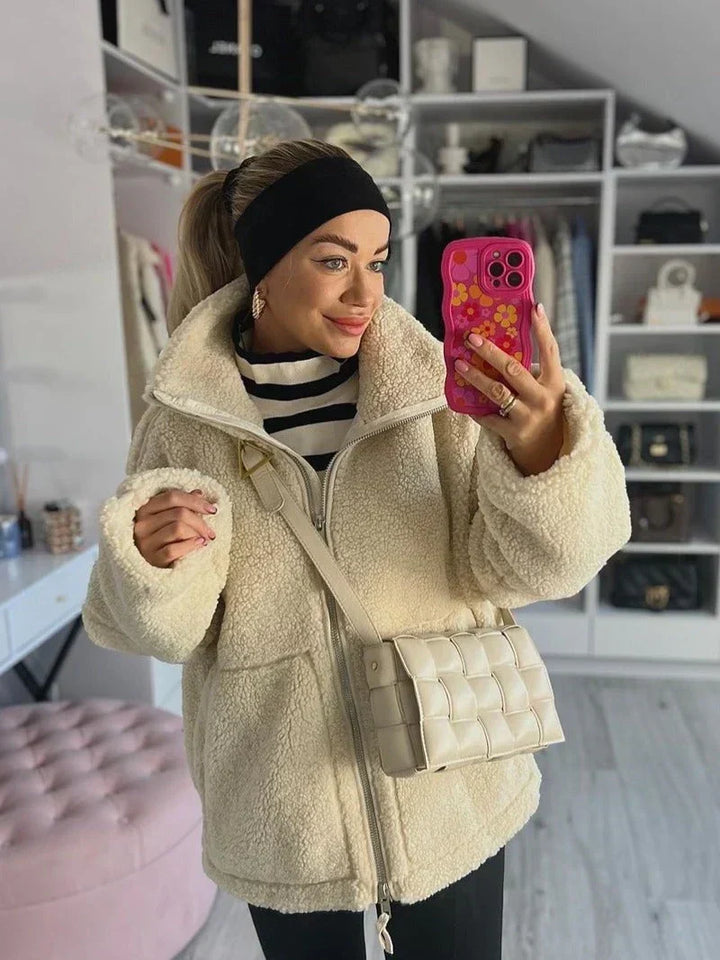 Manteau Teddy Femme Zippé Col Montant Poches Plaquées