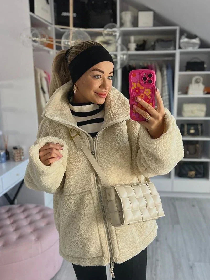 Manteau Femme Teddy À Capuche Zip Intégral Coupe Décontractée Et Poches