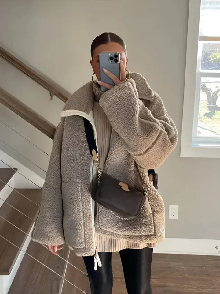 Manteau Teddy Femme Zippé Col Montant Poches Plaquées