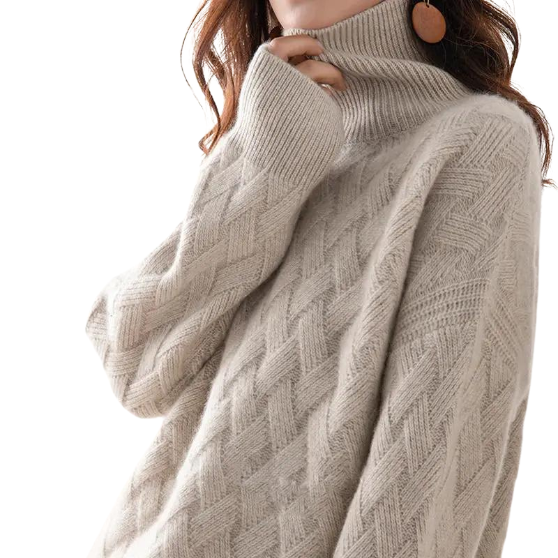 Pull Femme Col Roulé Maille Torsadée Manches Longues