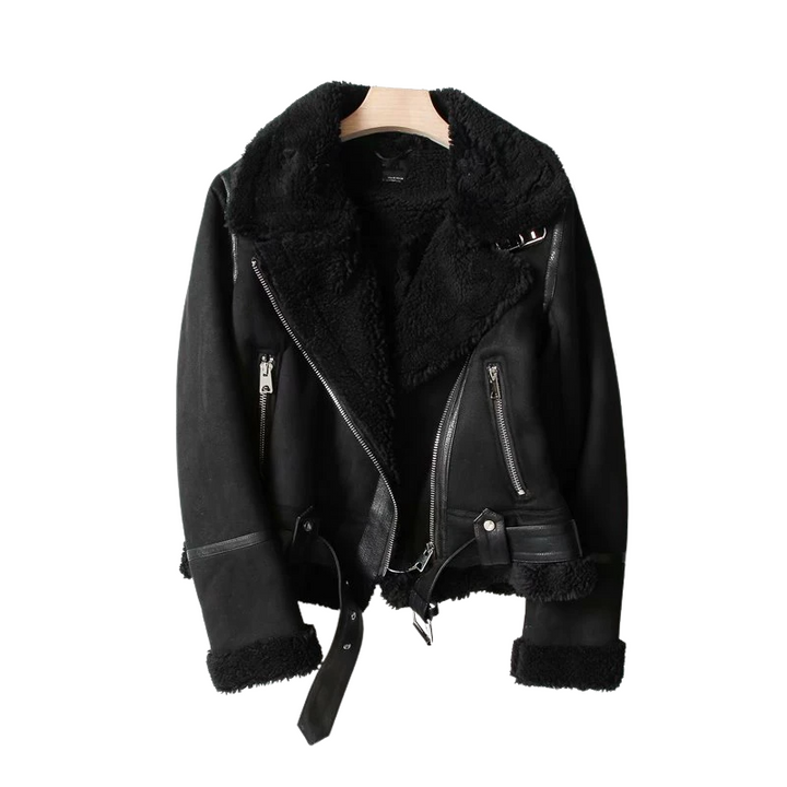Veste Femme Effet Daim avec Détail en Peau de Mouton