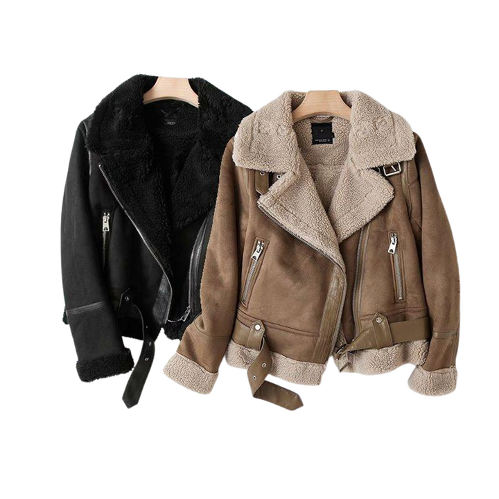 Veste Femme Effet Daim avec Détail en Peau de Mouton