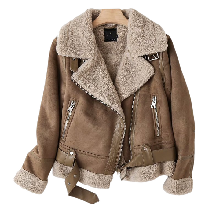 Veste Femme Effet Daim avec Détail en Peau de Mouton