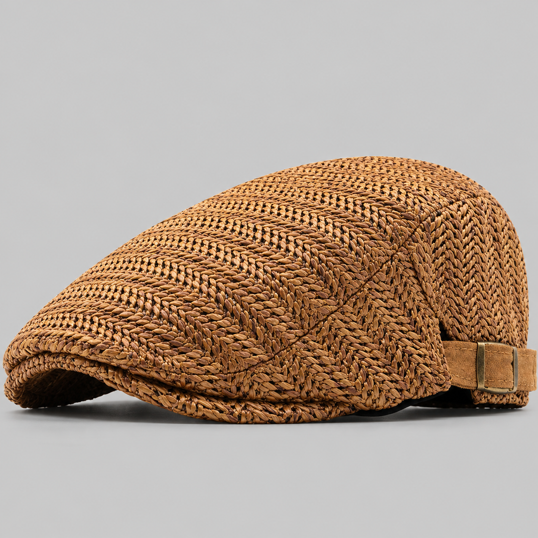 Casquette Plate Homme en Paille Tressée avec Sangle en Cuir Ajustable